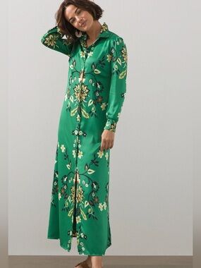 Chico’s Green Satin Damask Print Button Front Maxi Dress Size 16